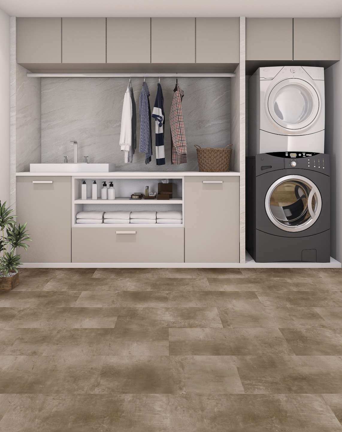 installed vinyl in laundry room with cabinets 